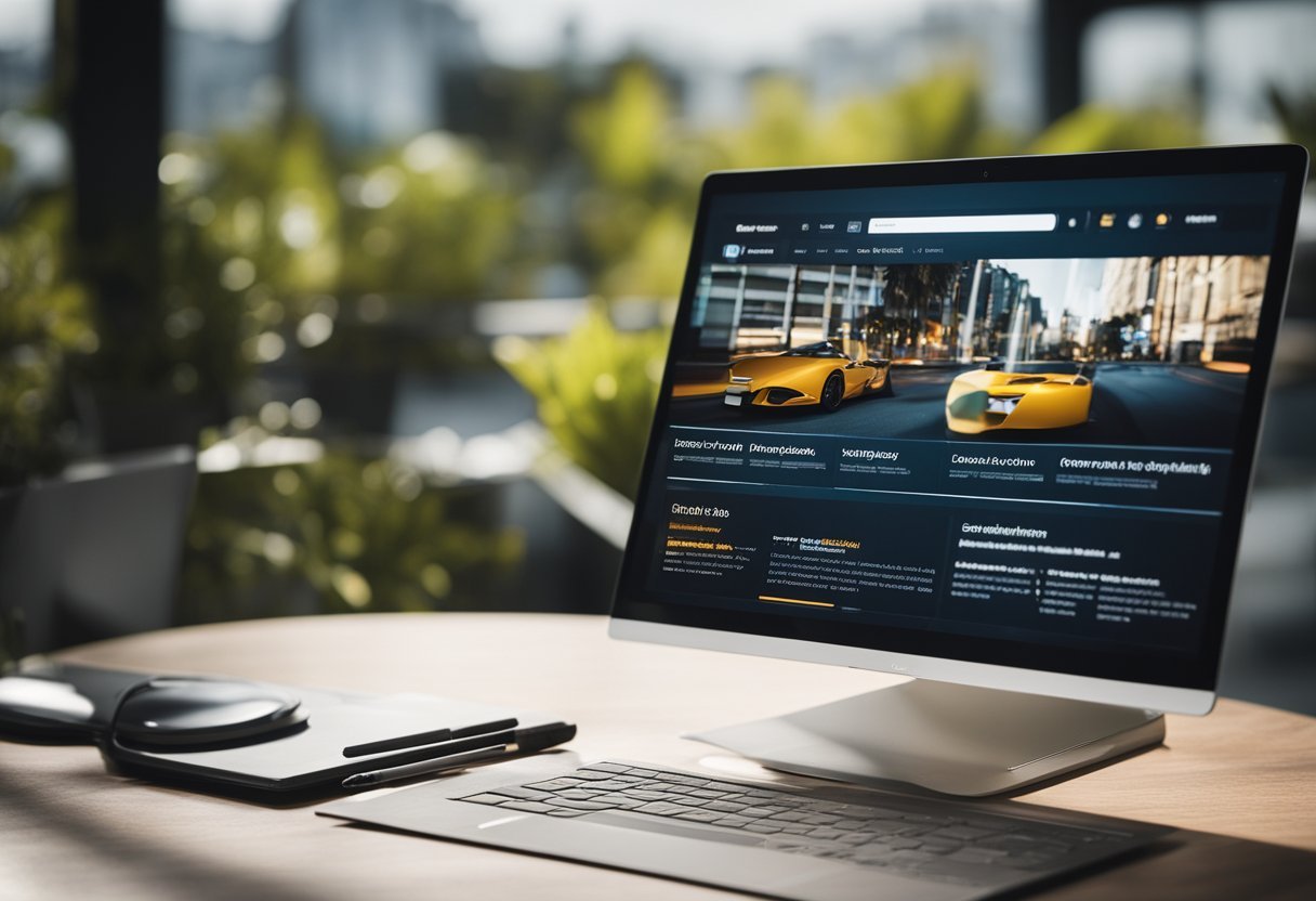 Um laptop exibindo a interface do Fast Web Stories com várias opções de geração automática. Abas abertas com avaliações positivas e exemplos de histórias da web bem-sucedidas.
