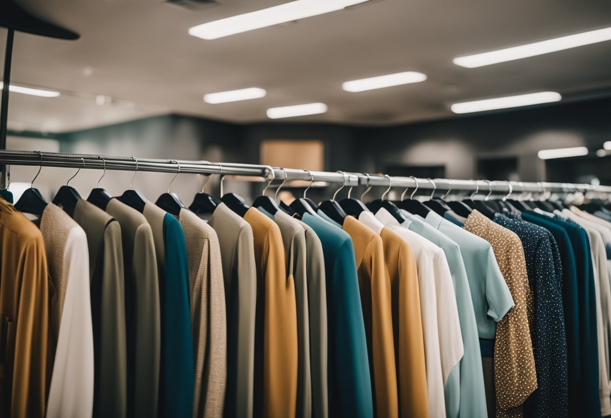 Uma exibição colorida de roupas evangélicas modestas e estilosas em cabides em um ambiente de boutique
