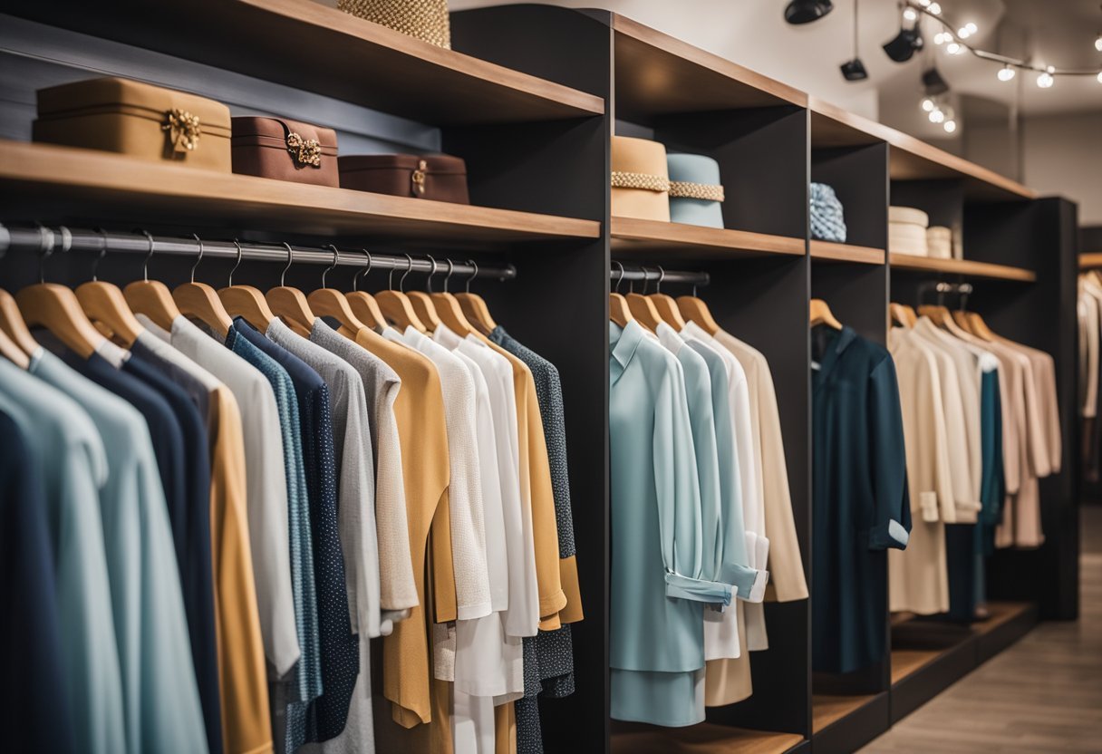 Uma exibição colorida de roupas evangélicas modestas e elegantes, organizadas de forma ordenada em cabides e prateleiras em um ambiente de boutique.