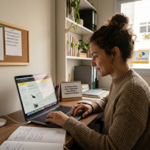 Woman using laptop at desk researching e-commerce topics